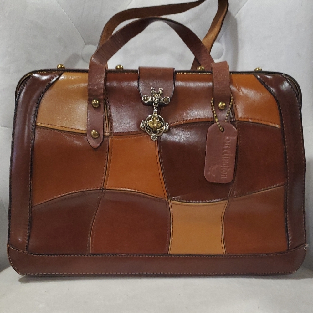 Vtg Burlington Elegant Leather Patchwork Satchel … - image 9